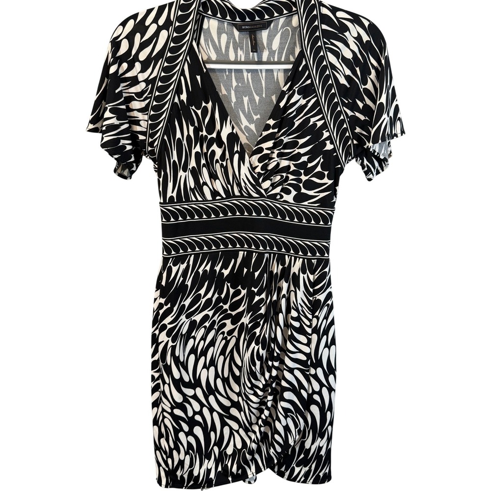 BCBG MaxAzria Black White Jersey Knit Faux Wrap Midi Dress Size XS